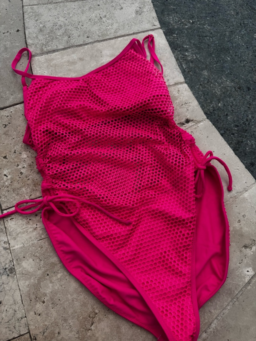 One-Piece Swimsuit in Bright Pink - Stylish Mesh Design